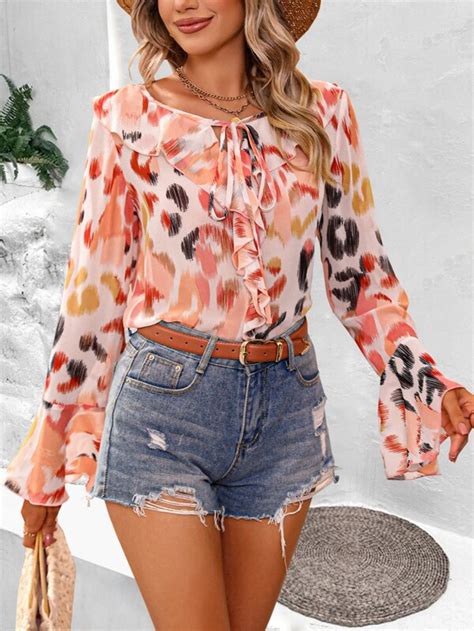 Shein Vcay Allover Print Flounce Sleeve Blouse Shein Usa