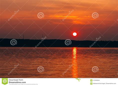 Sunset with Big Red Sun Over the Water of Sea Stock Image - Image of ...