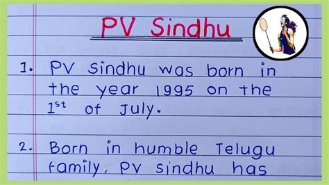 PV Sindhu 10 Lines Essay Write About Pv Sindhu Pv Sindhu Essay 10