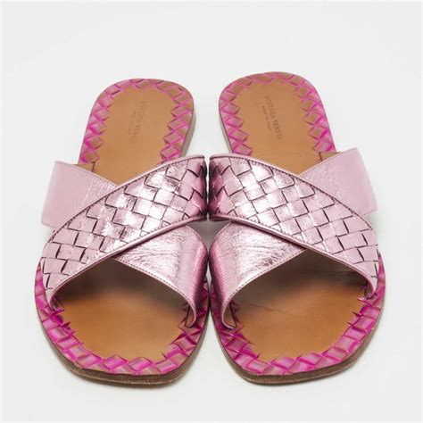 Bottega Veneta Metallic Purple Intrecciato Leather Ravello Flat Slides