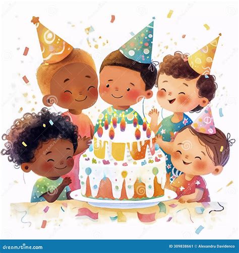 Cartoon Happy Little Children Celebrating Birthday with Cake and ...