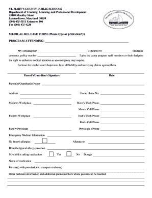 Fillable Online Smcps MEDICAL RELEASE FORM Please Type Or Print