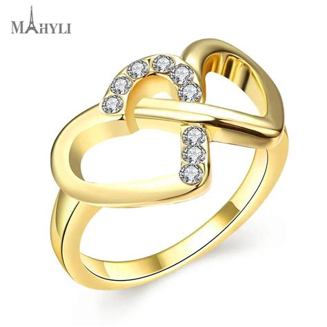 Mahyli Promotion K Gold Plated Ring Double Heart Wedding Rings For