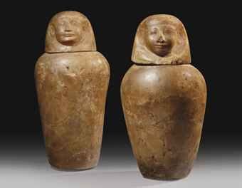 EGYPTE EPOQUE PTOLEMAIQUE CIRCA 332 30 AVANT J C DEUX VASES CANOPES