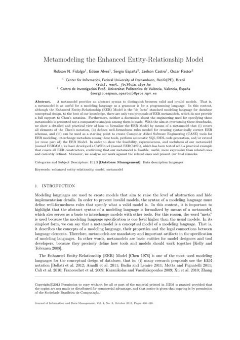 Pdf Metamodeling The Enhanced Entity Relationship Model