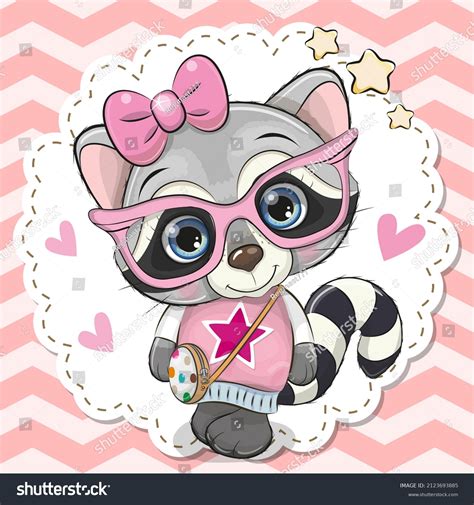 Cute Cartoon Raccoon Girl Pink Eyeglasses Stock Illustration 2123693885