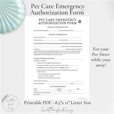 Printable Pet Care Emergency Authorization Form Printable Forms Free