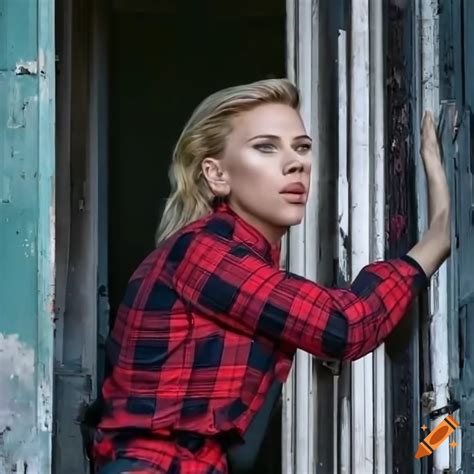 Blonde Woman In A Red Plaid Shirt And Black Leather Trousers Peeking