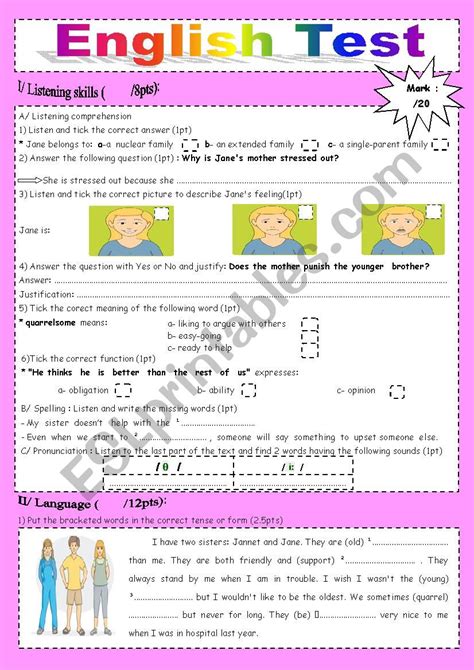 English Test ESL Worksheet By Saaidiyasmine