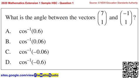 2020 Maths Extension 1 Sample Hsc Q1 How To Find The Angle Between 2