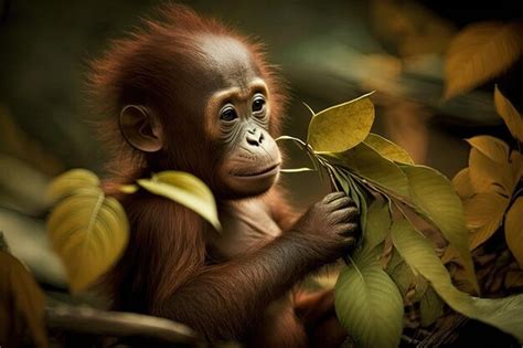 Premium AI Image | A young orangutan eating a leaf