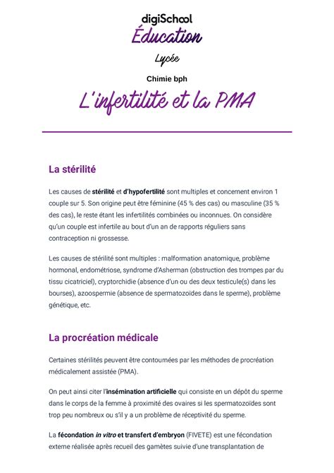 Linfertilité et la PMA Lycée Chimie bph Linfertilité et la PMA La