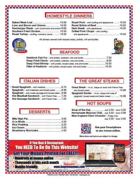 Phillips Diner Fasprint Menus