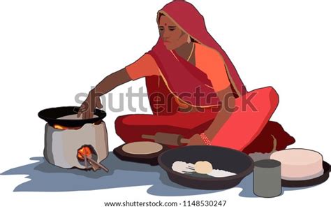 Indian Village Woman Cooking Food Traditional Way Baking Chapati On