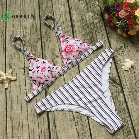 MUOLUX 2019 New Sexy Floral Print Bikini Set Striped Women Swimwear