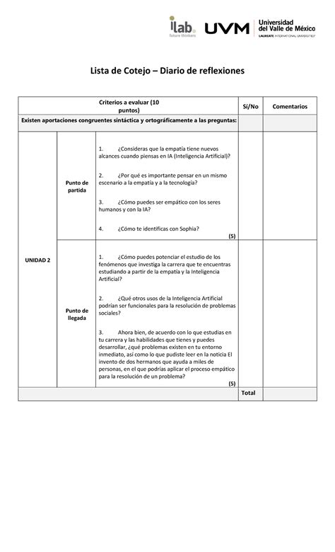 Diario De Reflexiones Unidad Empat A Lista De Cotejo Diario De