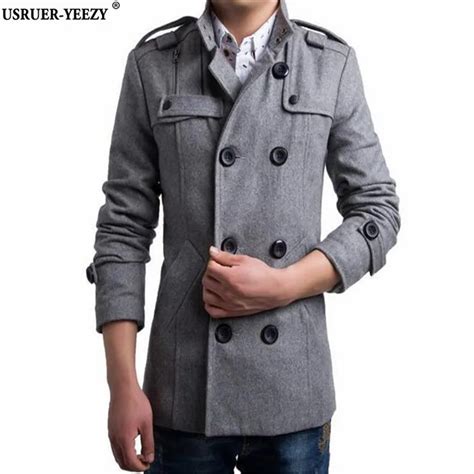 Usruer Yeezy Autumn Winter New Mens Woolen Coat Double Breasted Stand