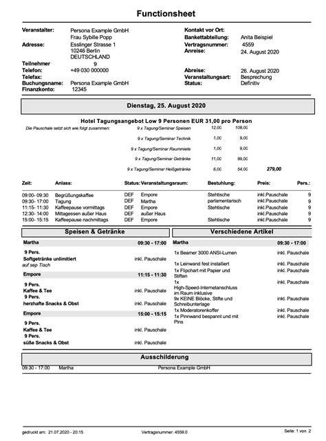 Hotel Function Sheet