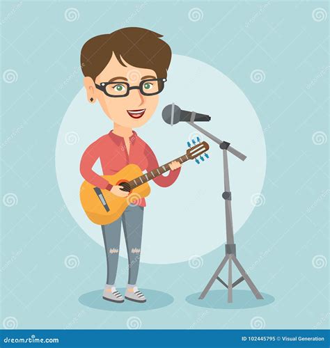 Mujer Que Canta En Un Mic Y Que Toca La Guitarra Ilustración del Vector