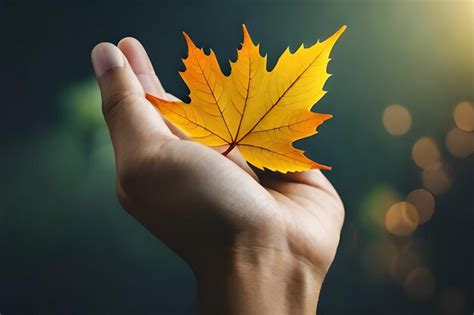 Premium Ai Image A Hand Holds A Yellow Maple Leaf With The Sun Behind It