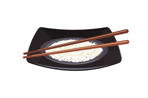 White Rice On Black Square Plate With Chinese Chopsticks Vector