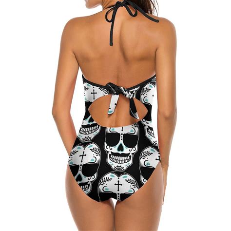 Womens Sleeveless One Piece Swimsuit With Skull Swimwear Bodysuit