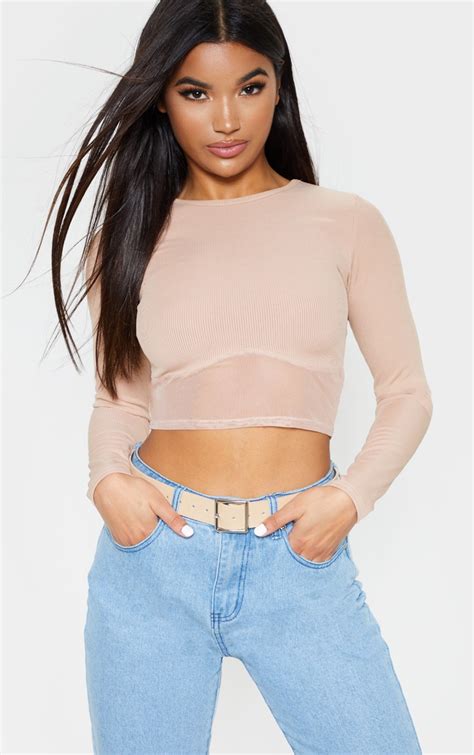 Nude Long Sleeve Mesh Trim Rib Crop Top Prettylittlething Ca