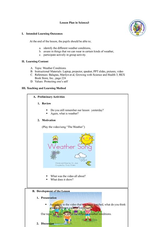 Semi Detailed Lesson Plan Science For Demo Lesson Plan In Science I Intended Learning