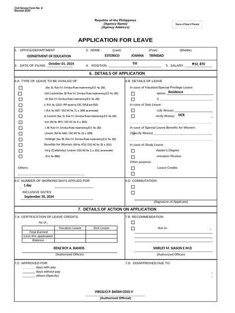 Cs Form No 6 Revised 2020 Application For Leave Fillable Pdf