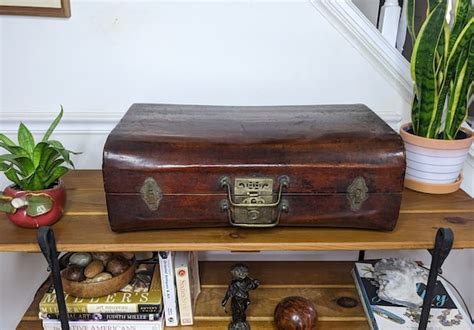 Antique Chinese Lacquered Wood Goatskin Suitcase With Gem