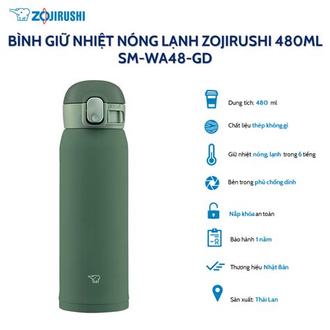 Bình giữ nhiệt Zojirushi SM WA48 GD dung tích 0 48L màu xanh rêu khaki