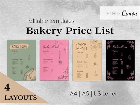 Editable Bakery Price List Printable Cupcake Menu Cake Etsy UK