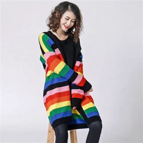 Long Cardigan Women Striped Rainbow Sweater Female V Neck Full Sleeve