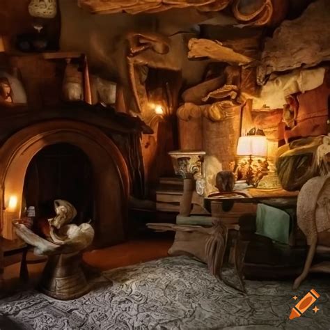 The bustling interior of bag end, bilbo's cozy hobbit hole, filled with ...