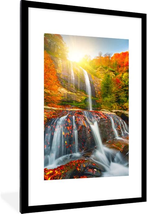 Fotolijst Incl Poster Waterval Natuur Herfst Rood Water