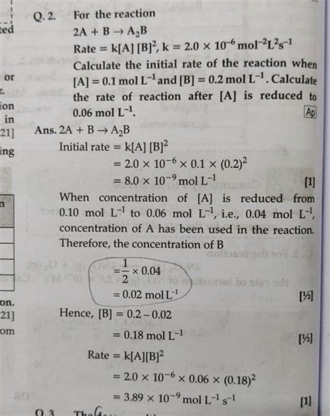 Q 2 For The Reaction Begin Array L 2 Mathrm A Mathrm B Righ