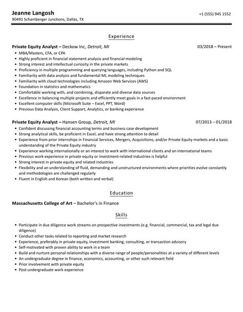 Private Equity Resume Sample