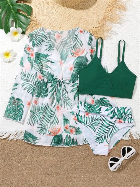 Tween Girl Tropical Print Bikini Set With Kimono Summer Beach SHEIN EUR