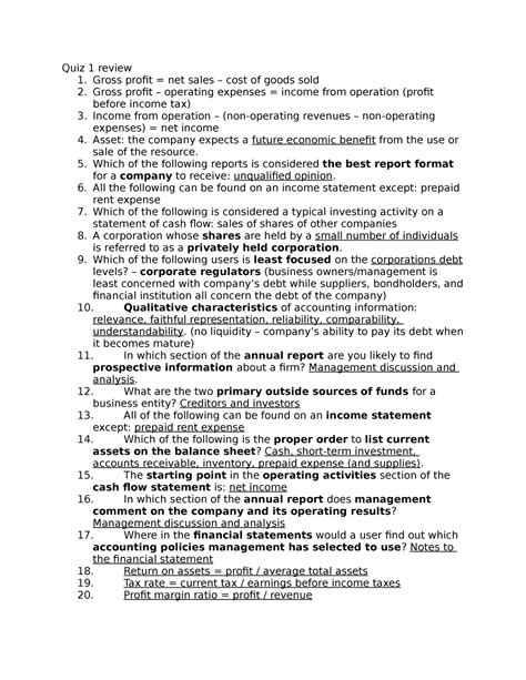 Quiz 1 Review Quiz 1 Review 1 Gross Profit Net Sales Cost Of