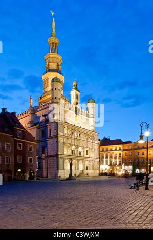 Poznan Poland Old Town By Night Cityscape And Colorful Lights Of