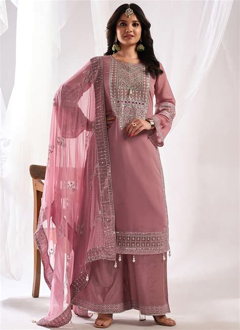 Shop Embroidered Stones Dusty Pink Faux Georgette Pakistani Suit Party