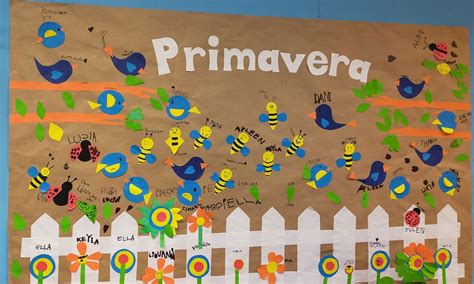 A Bulletin Board With Flowers And Bees On It That Says Primavera In