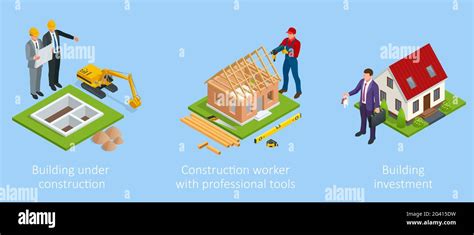 Isometric set stage-by-stage construction of a brick house. House ...