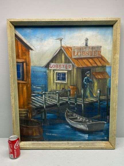 Vintage New England Harbor Scene Painting Signed Downs Dixons