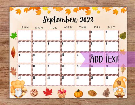 EDITABLE Printable September Calendar 2023 Cute Gnome Fall - Etsy