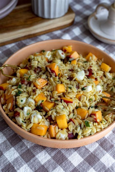 Peach Prosciutto Hot Honey Orzo Salad Dash Of Mandi In Orzo