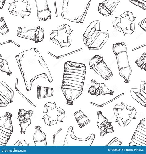 Hand Drawn Doodle Plastic Pollution Seamless Pattern Vector