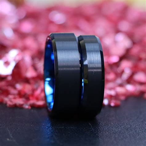 Matt Finish Black Tungsten Rings Jewelry For Groom Bride Blue Brushed Tungsten Bands Latest