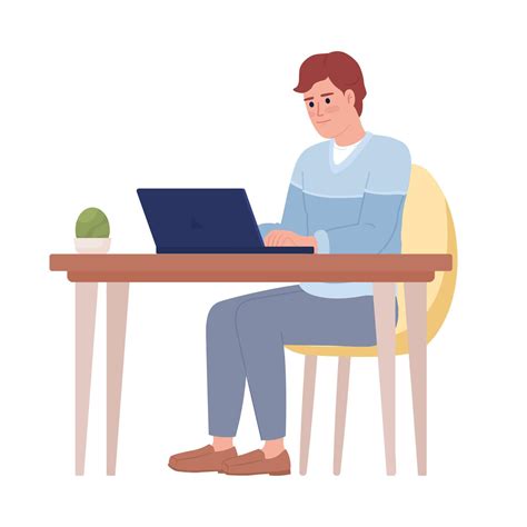 Man with laptop working at office table semi flat color vector