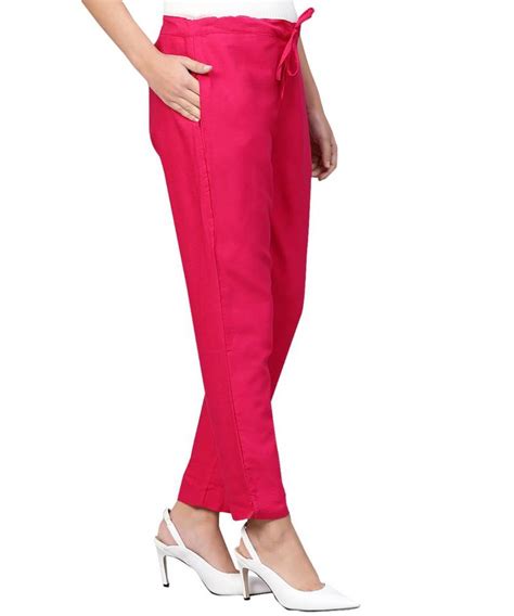 Womens Cotton Pink Solid Cropped Cigarette Trousers Ishin 3108909